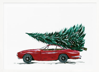A festive painting of a vintage red sports car with a large green Christmas tree tied to its roof. The car is depicted in profile against a plain white background, and the artwork is displayed in a simple silver frame. Decor