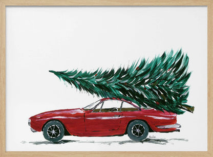 A festive painting of a vintage red sports car with a large green Christmas tree tied to its roof. The car is depicted in profile against a plain white background, and the artwork is displayed in a simple silver frame. Decor