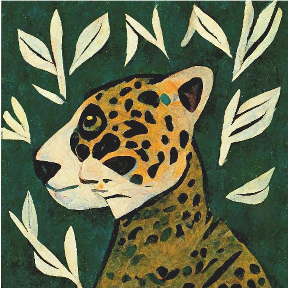 A stylized painting of a jaguar's head and neck in profile against a dark green background. The jaguar has yellow and orange fur with black spots. The background is adorned with scattered, simple, off-white leaf illustrations. The artwork has a textured, folk-art feel and is enclosed in a light wood frame. Decor