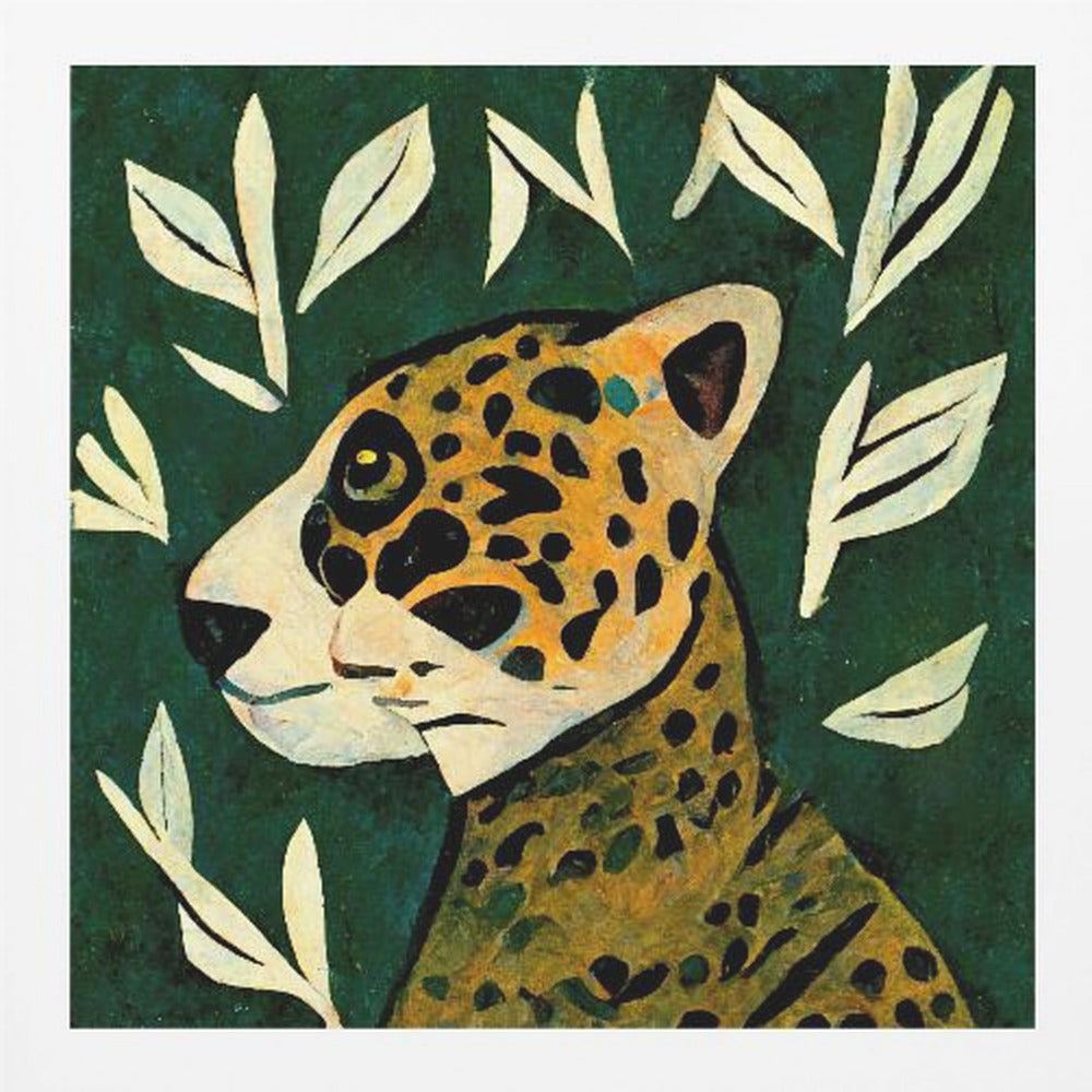 A stylized painting of a jaguar's head and neck in profile against a dark green background. The jaguar has yellow and orange fur with black spots. The background is adorned with scattered, simple, off-white leaf illustrations. The artwork has a textured, folk-art feel and is enclosed in a light wood frame. Decor