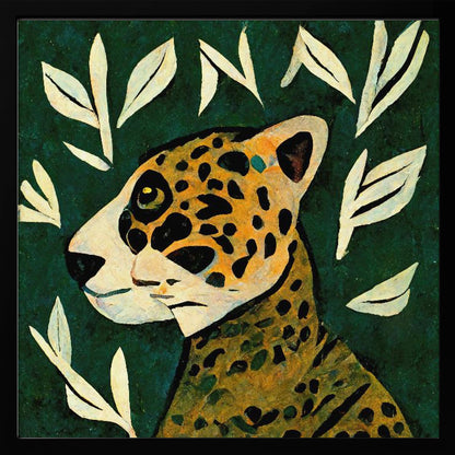 A stylized painting of a jaguar's head and neck in profile against a dark green background. The jaguar has yellow and orange fur with black spots. The background is adorned with scattered, simple, off-white leaf illustrations. The artwork has a textured, folk-art feel and is enclosed in a light wood frame. Decor