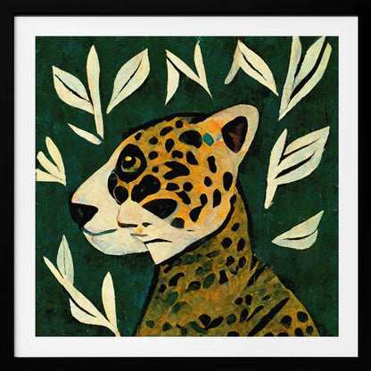 A stylized painting of a jaguar's head and neck in profile against a dark green background. The jaguar has yellow and orange fur with black spots. The background is adorned with scattered, simple, off-white leaf illustrations. The artwork has a textured, folk-art feel and is enclosed in a light wood frame. Decor