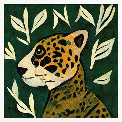 A stylized painting of a jaguar's head and neck in profile against a dark green background. The jaguar has yellow and orange fur with black spots. The background is adorned with scattered, simple, off-white leaf illustrations. The artwork has a textured, folk-art feel and is enclosed in a light wood frame. Decor