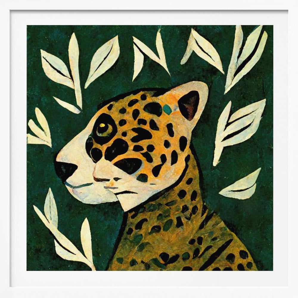 A stylized painting of a jaguar's head and neck in profile against a dark green background. The jaguar has yellow and orange fur with black spots. The background is adorned with scattered, simple, off-white leaf illustrations. The artwork has a textured, folk-art feel and is enclosed in a light wood frame. Decor