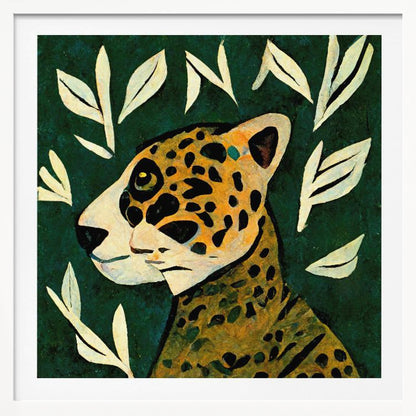 A stylized painting of a jaguar's head and neck in profile against a dark green background. The jaguar has yellow and orange fur with black spots. The background is adorned with scattered, simple, off-white leaf illustrations. The artwork has a textured, folk-art feel and is enclosed in a light wood frame. Decor