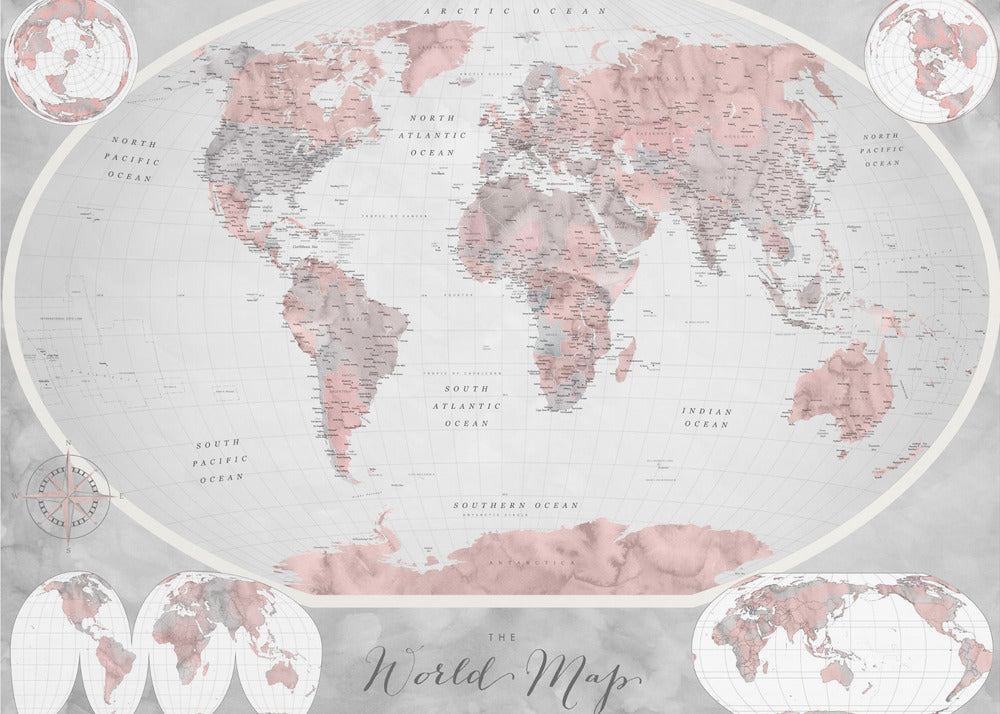 A stylized world map in a grey frame, with continents colored in shades of pink and grey. The background and oceans are a light grey, and the image includes various map projections in the corners and at the bottom. The title 'The World Map' is written in a cursive script at the bottom center. Artwork