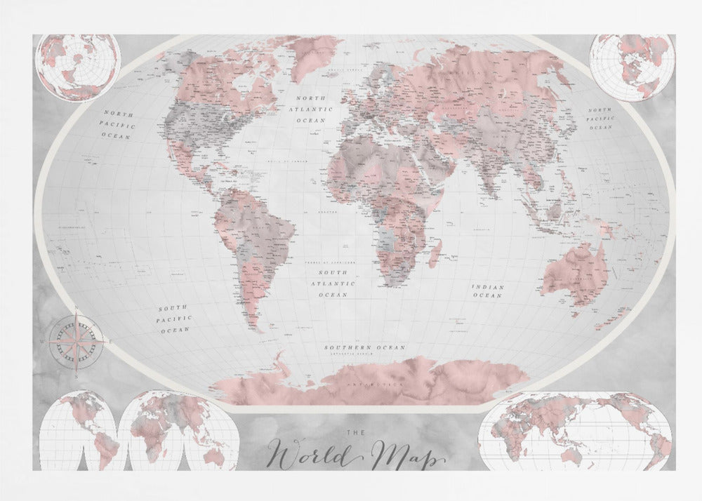 A stylized world map in a grey frame, with continents colored in shades of pink and grey. The background and oceans are a light grey, and the image includes various map projections in the corners and at the bottom. The title 'The World Map' is written in a cursive script at the bottom center. Artwork