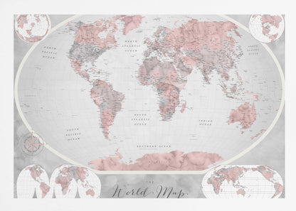 A stylized world map in a grey frame, with continents colored in shades of pink and grey. The background and oceans are a light grey, and the image includes various map projections in the corners and at the bottom. The title 'The World Map' is written in a cursive script at the bottom center. Artwork
