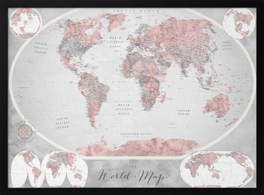 A stylized world map in a grey frame, with continents colored in shades of pink and grey. The background and oceans are a light grey, and the image includes various map projections in the corners and at the bottom. The title 'The World Map' is written in a cursive script at the bottom center. Artwork