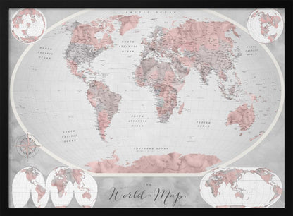 A stylized world map in a grey frame, with continents colored in shades of pink and grey. The background and oceans are a light grey, and the image includes various map projections in the corners and at the bottom. The title 'The World Map' is written in a cursive script at the bottom center. Artwork