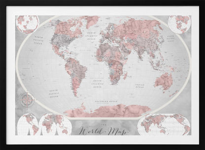 A stylized world map in a grey frame, with continents colored in shades of pink and grey. The background and oceans are a light grey, and the image includes various map projections in the corners and at the bottom. The title 'The World Map' is written in a cursive script at the bottom center. Artwork