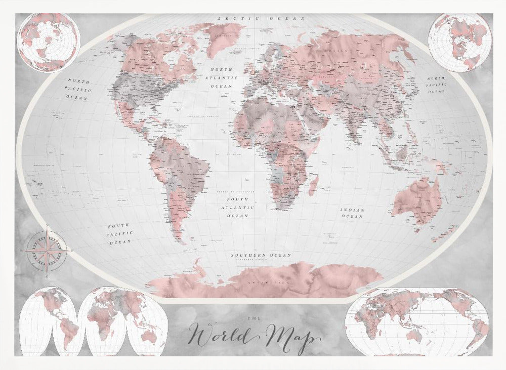 A stylized world map in a grey frame, with continents colored in shades of pink and grey. The background and oceans are a light grey, and the image includes various map projections in the corners and at the bottom. The title 'The World Map' is written in a cursive script at the bottom center. Artwork