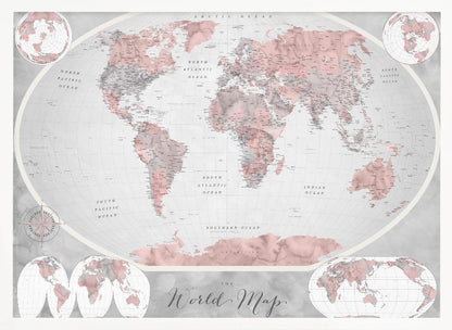 A stylized world map in a grey frame, with continents colored in shades of pink and grey. The background and oceans are a light grey, and the image includes various map projections in the corners and at the bottom. The title 'The World Map' is written in a cursive script at the bottom center. Artwork