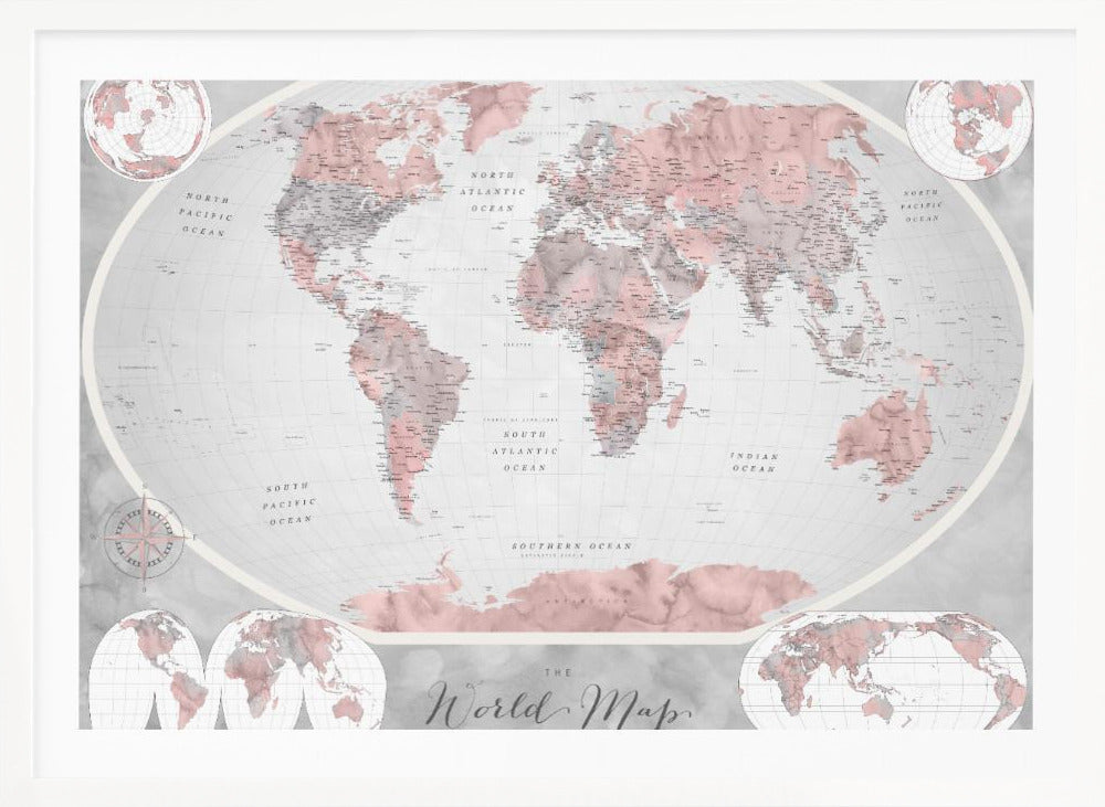 A stylized world map in a grey frame, with continents colored in shades of pink and grey. The background and oceans are a light grey, and the image includes various map projections in the corners and at the bottom. The title 'The World Map' is written in a cursive script at the bottom center. Artwork