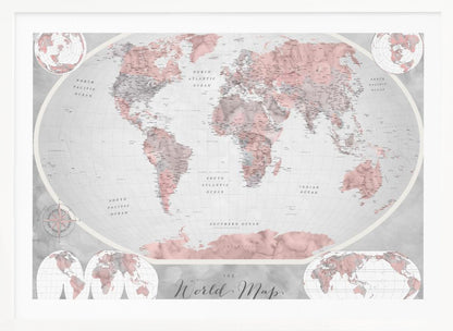 A stylized world map in a grey frame, with continents colored in shades of pink and grey. The background and oceans are a light grey, and the image includes various map projections in the corners and at the bottom. The title 'The World Map' is written in a cursive script at the bottom center. Artwork