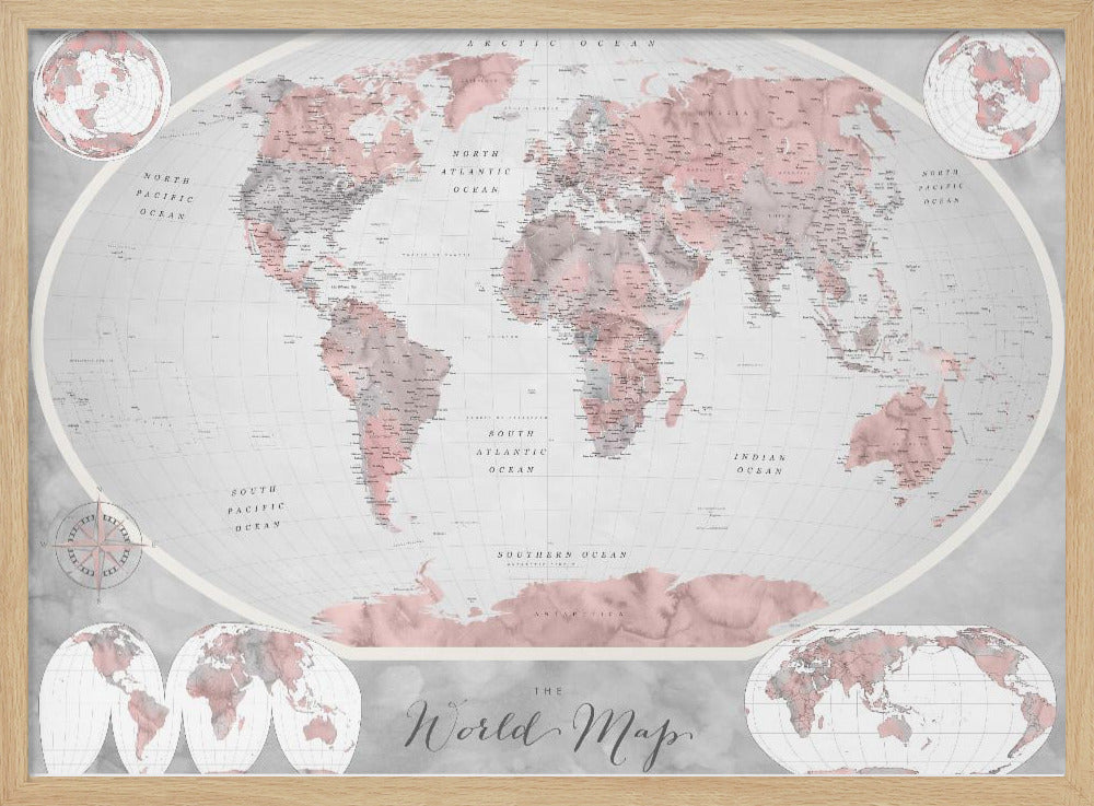 A stylized world map in a grey frame, with continents colored in shades of pink and grey. The background and oceans are a light grey, and the image includes various map projections in the corners and at the bottom. The title 'The World Map' is written in a cursive script at the bottom center. Artwork