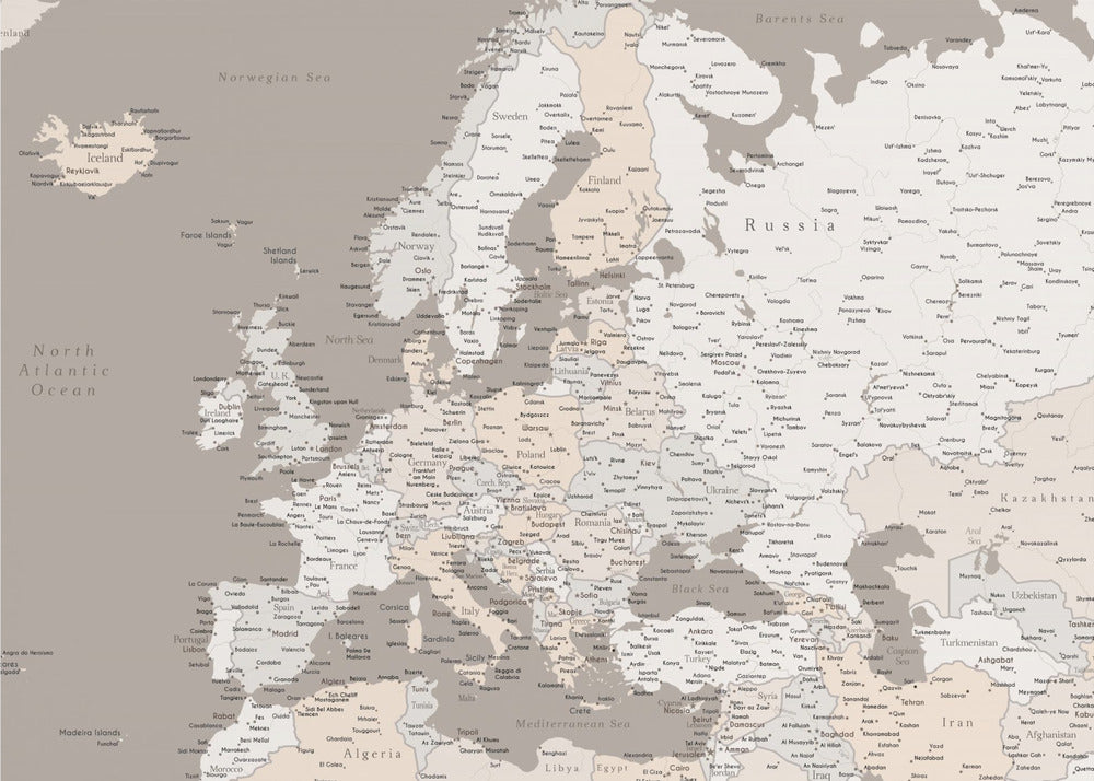 A detailed political map of Europe presented in a muted color scheme of beige and grey. The map, which includes parts of North Africa and Western Asia, is displayed in a simple silver-colored frame. Poster
