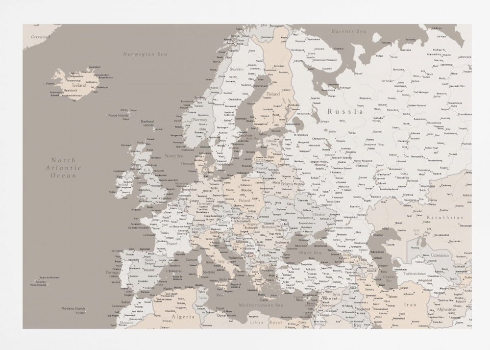 A detailed political map of Europe presented in a muted color scheme of beige and grey. The map, which includes parts of North Africa and Western Asia, is displayed in a simple silver-colored frame. Poster
