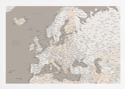 A detailed political map of Europe presented in a muted color scheme of beige and grey. The map, which includes parts of North Africa and Western Asia, is displayed in a simple silver-colored frame. Poster