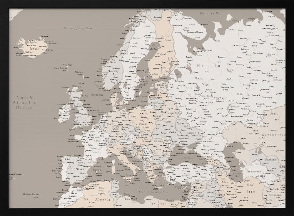 A detailed political map of Europe presented in a muted color scheme of beige and grey. The map, which includes parts of North Africa and Western Asia, is displayed in a simple silver-colored frame. Poster