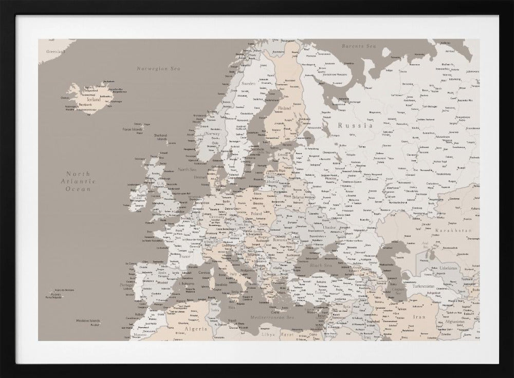 A detailed political map of Europe presented in a muted color scheme of beige and grey. The map, which includes parts of North Africa and Western Asia, is displayed in a simple silver-colored frame. Poster
