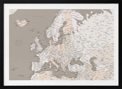 A detailed political map of Europe presented in a muted color scheme of beige and grey. The map, which includes parts of North Africa and Western Asia, is displayed in a simple silver-colored frame. Poster