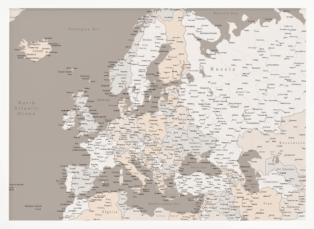 A detailed political map of Europe presented in a muted color scheme of beige and grey. The map, which includes parts of North Africa and Western Asia, is displayed in a simple silver-colored frame. Poster