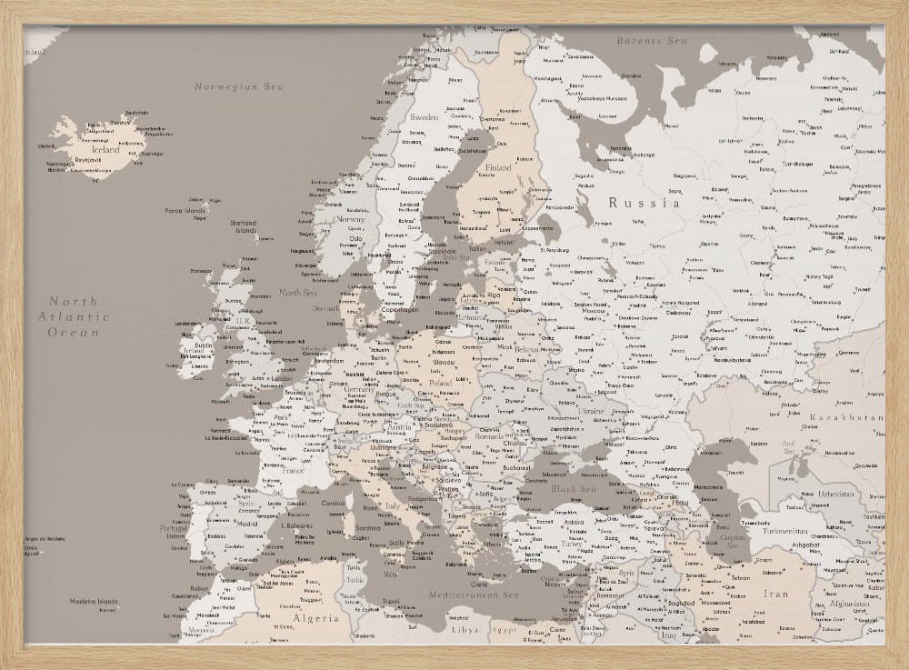 A detailed political map of Europe presented in a muted color scheme of beige and grey. The map, which includes parts of North Africa and Western Asia, is displayed in a simple silver-colored frame. Poster
