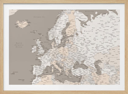 A detailed political map of Europe presented in a muted color scheme of beige and grey. The map, which includes parts of North Africa and Western Asia, is displayed in a simple silver-colored frame. Poster