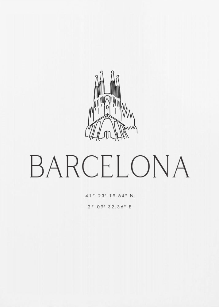 A minimalist black and white framed poster featuring a line art drawing of the Sagrada Familia. Below the drawing, the word 'BARCELONA' is printed in a large, thin sans-serif font, followed by the city's geographical coordinates. Artwork