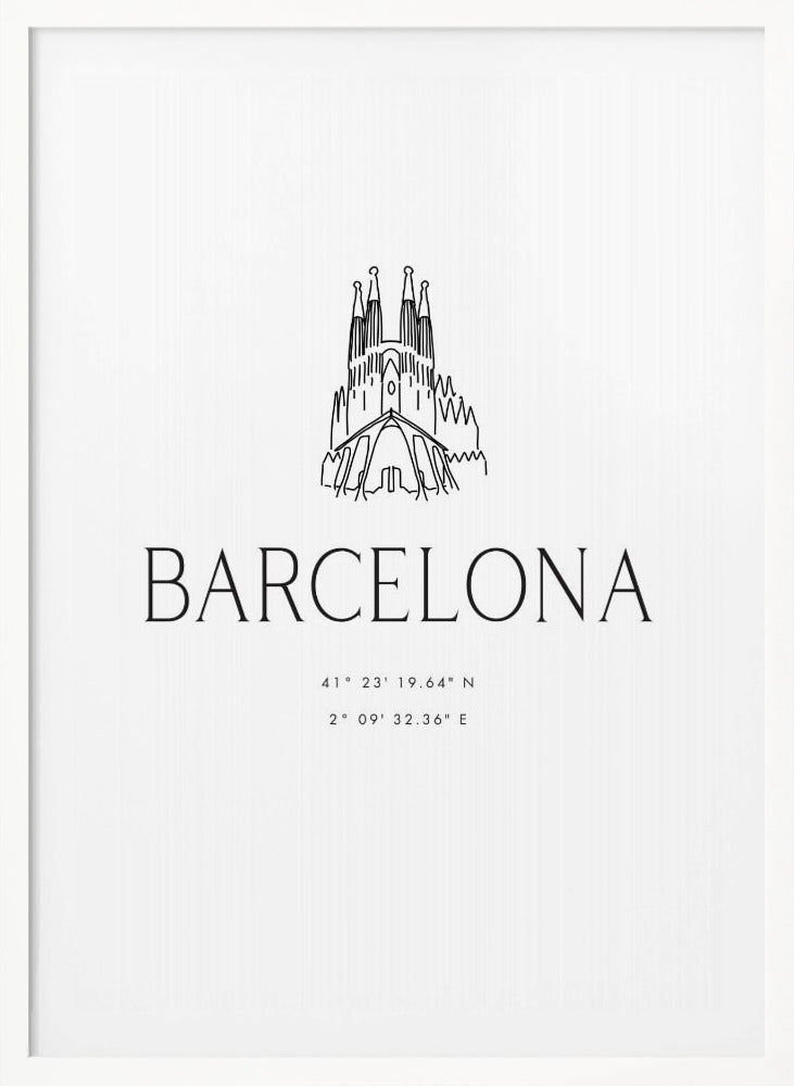A minimalist black and white framed poster featuring a line art drawing of the Sagrada Familia. Below the drawing, the word 'BARCELONA' is printed in a large, thin sans-serif font, followed by the city's geographical coordinates. Artwork