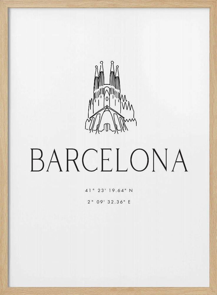 A minimalist black and white framed poster featuring a line art drawing of the Sagrada Familia. Below the drawing, the word 'BARCELONA' is printed in a large, thin sans-serif font, followed by the city's geographical coordinates. Artwork