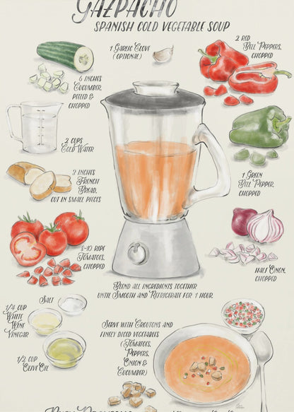 A vintage-style illustrated recipe poster for Gazpacho, a Spanish cold vegetable soup. The artwork, in a watercolor style, displays ingredients like tomatoes, peppers, cucumber, and onion around a central blender. The finished soup is shown in a bowl, garnished with croutons and drizzled with olive oil. All text is in a handwritten, calligraphic font. Wall Art