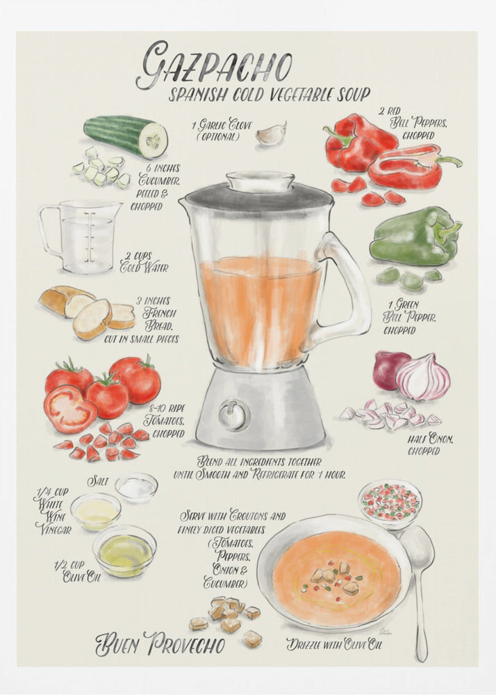 A vintage-style illustrated recipe poster for Gazpacho, a Spanish cold vegetable soup. The artwork, in a watercolor style, displays ingredients like tomatoes, peppers, cucumber, and onion around a central blender. The finished soup is shown in a bowl, garnished with croutons and drizzled with olive oil. All text is in a handwritten, calligraphic font. Wall Art