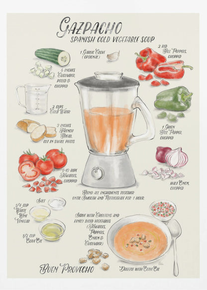 A vintage-style illustrated recipe poster for Gazpacho, a Spanish cold vegetable soup. The artwork, in a watercolor style, displays ingredients like tomatoes, peppers, cucumber, and onion around a central blender. The finished soup is shown in a bowl, garnished with croutons and drizzled with olive oil. All text is in a handwritten, calligraphic font. Wall Art