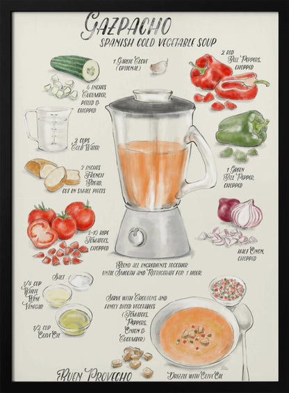 A vintage-style illustrated recipe poster for Gazpacho, a Spanish cold vegetable soup. The artwork, in a watercolor style, displays ingredients like tomatoes, peppers, cucumber, and onion around a central blender. The finished soup is shown in a bowl, garnished with croutons and drizzled with olive oil. All text is in a handwritten, calligraphic font. Wall Art