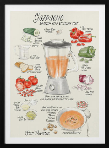 A vintage-style illustrated recipe poster for Gazpacho, a Spanish cold vegetable soup. The artwork, in a watercolor style, displays ingredients like tomatoes, peppers, cucumber, and onion around a central blender. The finished soup is shown in a bowl, garnished with croutons and drizzled with olive oil. All text is in a handwritten, calligraphic font. Wall Art