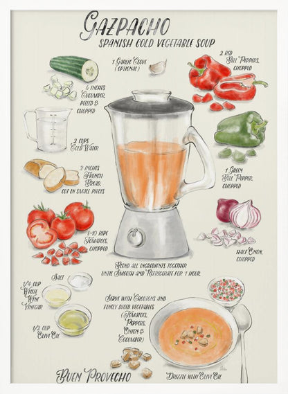 A vintage-style illustrated recipe poster for Gazpacho, a Spanish cold vegetable soup. The artwork, in a watercolor style, displays ingredients like tomatoes, peppers, cucumber, and onion around a central blender. The finished soup is shown in a bowl, garnished with croutons and drizzled with olive oil. All text is in a handwritten, calligraphic font. Wall Art