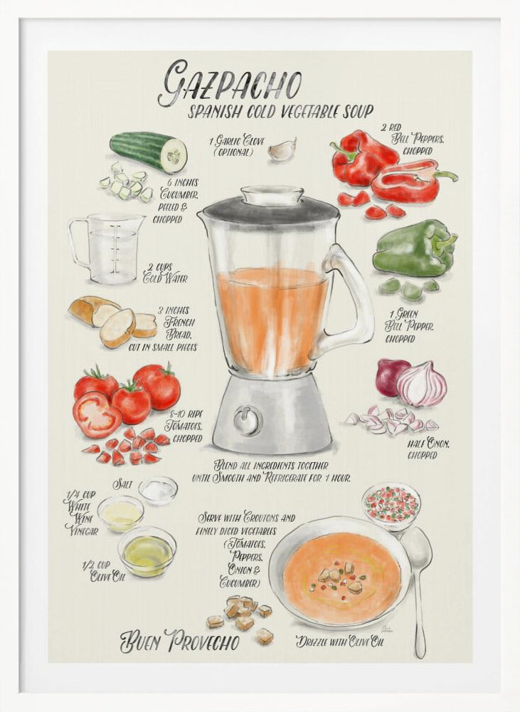 A vintage-style illustrated recipe poster for Gazpacho, a Spanish cold vegetable soup. The artwork, in a watercolor style, displays ingredients like tomatoes, peppers, cucumber, and onion around a central blender. The finished soup is shown in a bowl, garnished with croutons and drizzled with olive oil. All text is in a handwritten, calligraphic font. Wall Art