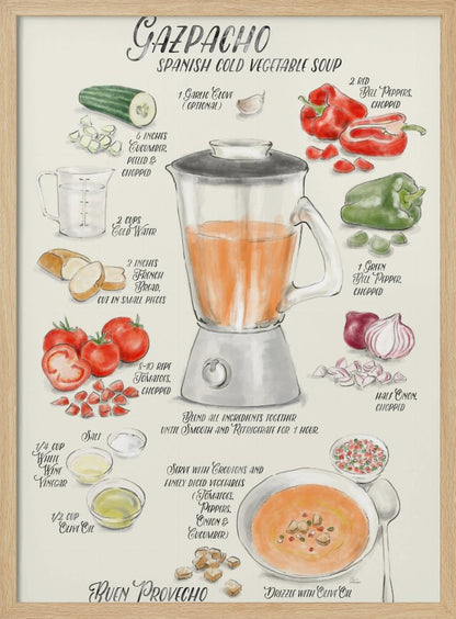 A vintage-style illustrated recipe poster for Gazpacho, a Spanish cold vegetable soup. The artwork, in a watercolor style, displays ingredients like tomatoes, peppers, cucumber, and onion around a central blender. The finished soup is shown in a bowl, garnished with croutons and drizzled with olive oil. All text is in a handwritten, calligraphic font. Wall Art