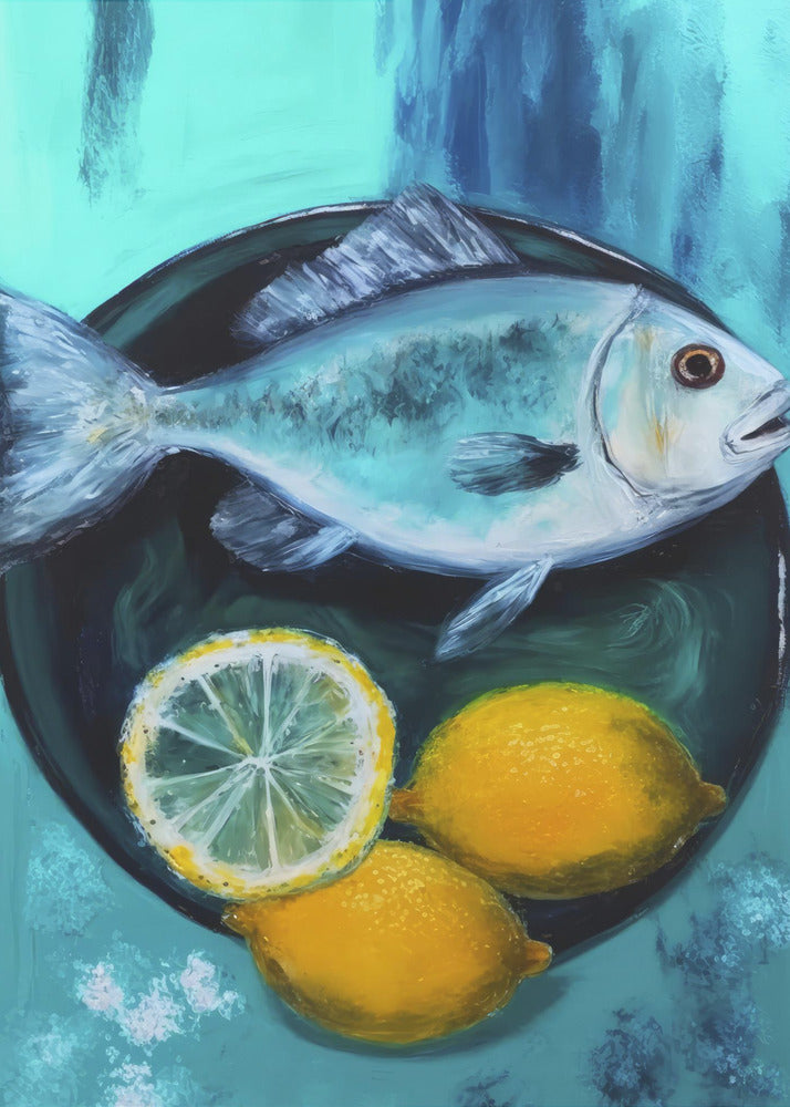 A vibrant still life painting of a silver fish on a dark plate, accompanied by two whole yellow lemons and a lemon slice, set against a painterly turquoise and blue background. Decor