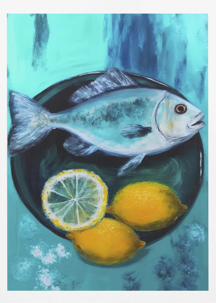 A vibrant still life painting of a silver fish on a dark plate, accompanied by two whole yellow lemons and a lemon slice, set against a painterly turquoise and blue background. Decor