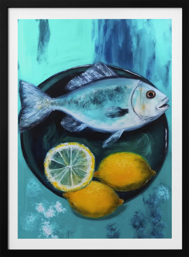 A vibrant still life painting of a silver fish on a dark plate, accompanied by two whole yellow lemons and a lemon slice, set against a painterly turquoise and blue background. Decor