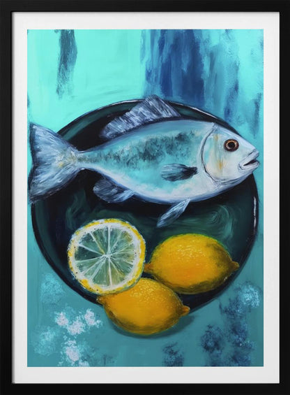 A vibrant still life painting of a silver fish on a dark plate, accompanied by two whole yellow lemons and a lemon slice, set against a painterly turquoise and blue background. Decor