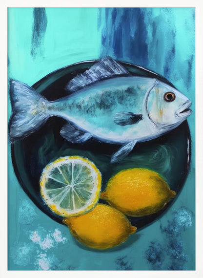 A vibrant still life painting of a silver fish on a dark plate, accompanied by two whole yellow lemons and a lemon slice, set against a painterly turquoise and blue background. Decor