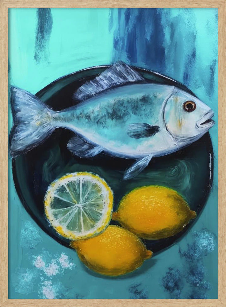 A vibrant still life painting of a silver fish on a dark plate, accompanied by two whole yellow lemons and a lemon slice, set against a painterly turquoise and blue background. Decor