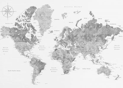 A framed, modern world map presented in a monochrome palette of black, white, and various shades of gray. The landmasses feature a detailed, textured design, set against a clean white background for the oceans. A compass rose is visible in the top left corner. The map is enclosed within a simple, light gray frame. Poster