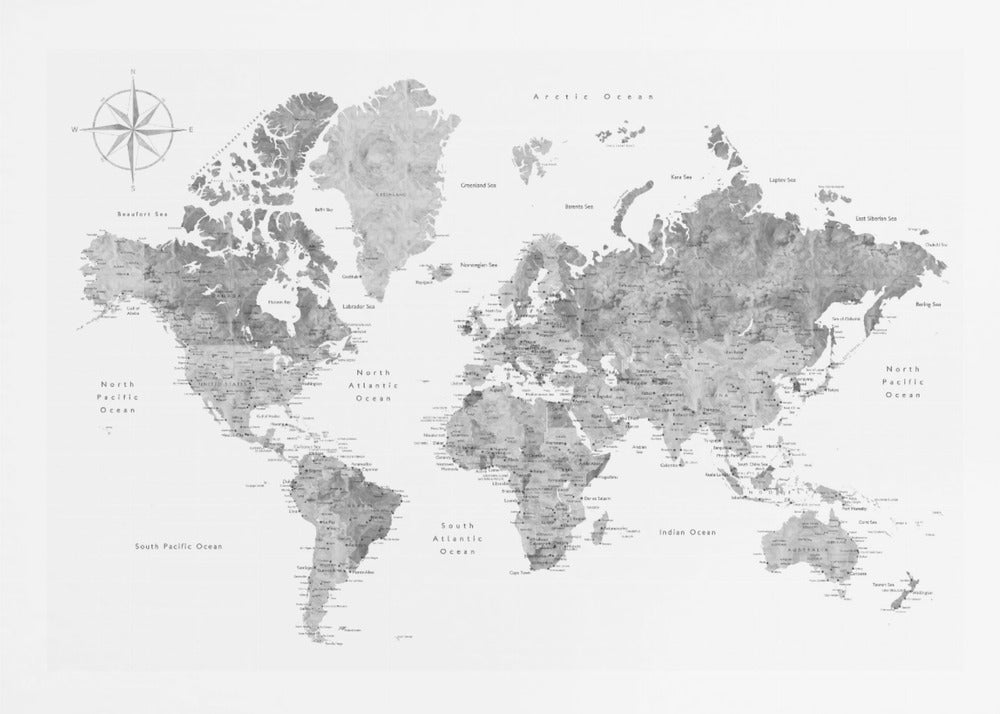 A framed, modern world map presented in a monochrome palette of black, white, and various shades of gray. The landmasses feature a detailed, textured design, set against a clean white background for the oceans. A compass rose is visible in the top left corner. The map is enclosed within a simple, light gray frame. Poster