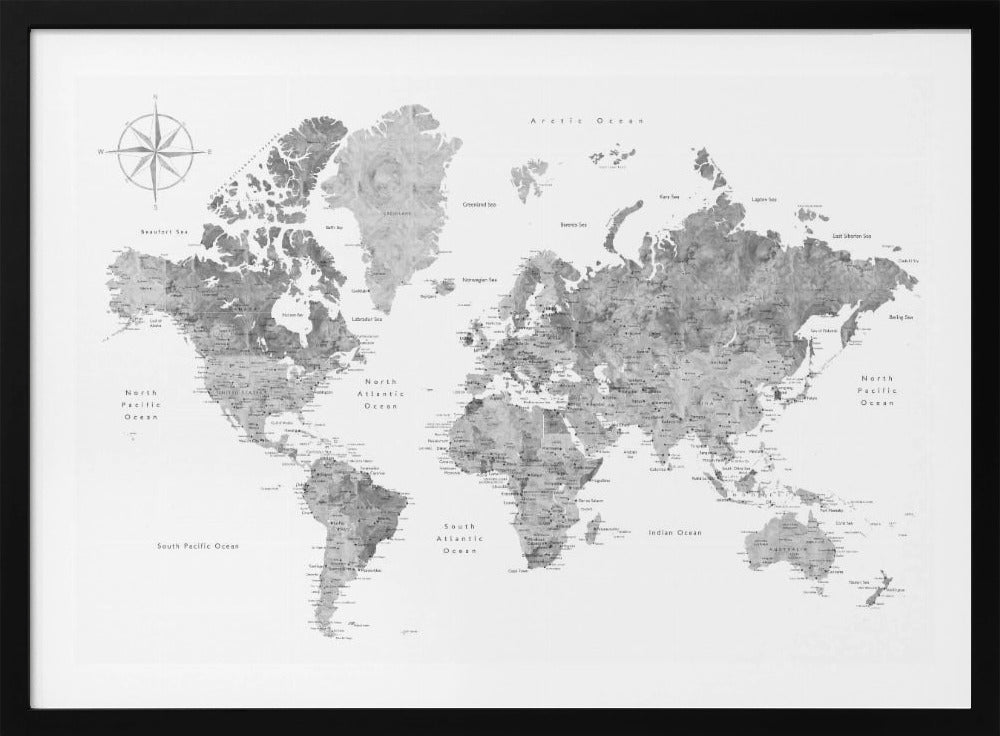 A framed, modern world map presented in a monochrome palette of black, white, and various shades of gray. The landmasses feature a detailed, textured design, set against a clean white background for the oceans. A compass rose is visible in the top left corner. The map is enclosed within a simple, light gray frame. Poster
