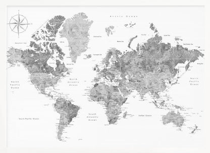 A framed, modern world map presented in a monochrome palette of black, white, and various shades of gray. The landmasses feature a detailed, textured design, set against a clean white background for the oceans. A compass rose is visible in the top left corner. The map is enclosed within a simple, light gray frame. Poster